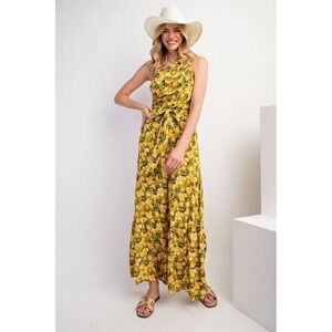 Easel Yellow Floral One Shoulder Wide Leg Jumpsuit Tie Waist Gauze NEW SMALL